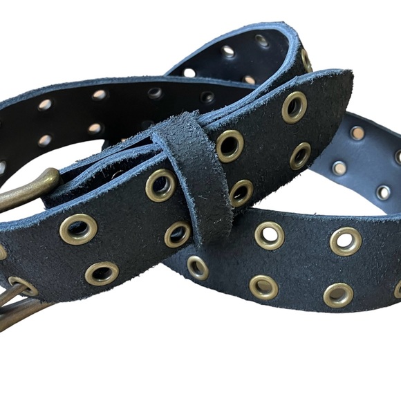 Suede Reversible Black Solid Leather Hole Grommet/ Eyelets Belt Brass Hardware - Picture 3 of 3